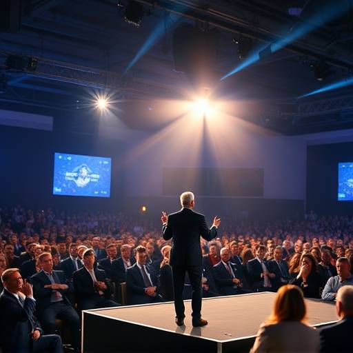 A dynamic clip from a corporate event, showcasing a keynote speaker addressing a large audience.