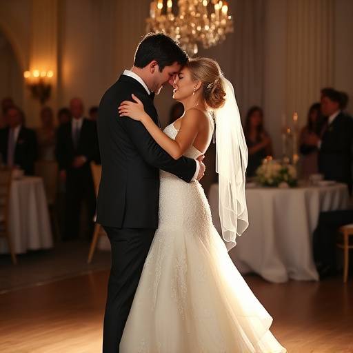 A touching moment captured at a wedding, featuring the bride and groom during their first dance.