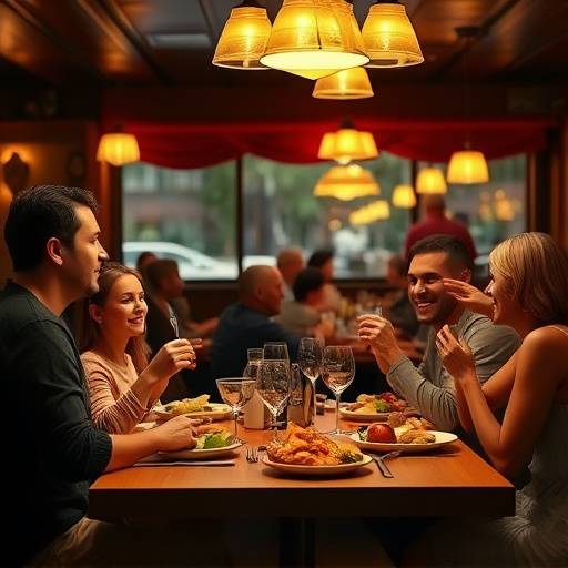 Image from a commercial displaying a family enjoying a hearty meal at 'The Cozy Hearth' restaurant.