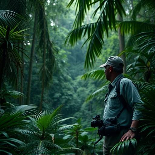 Scene from a documentary showing a researcher studying wildlife in a dense rainforest.