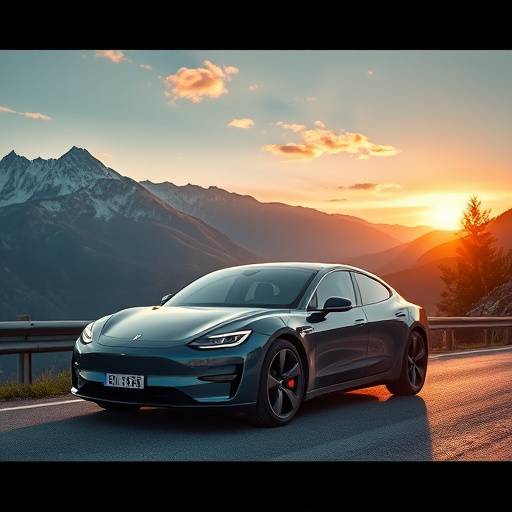 Still from a commercial featuring a stylish new electric car driving through a scenic mountain pass.