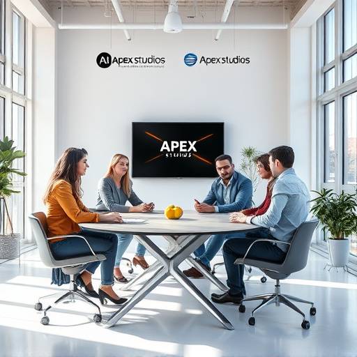 The Apex Studios team collaborating in a bright, modern studio space, discussing a project.