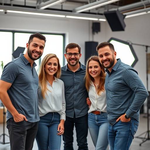 The Apex Studios team, smiling and collaborating in a modern studio environment.